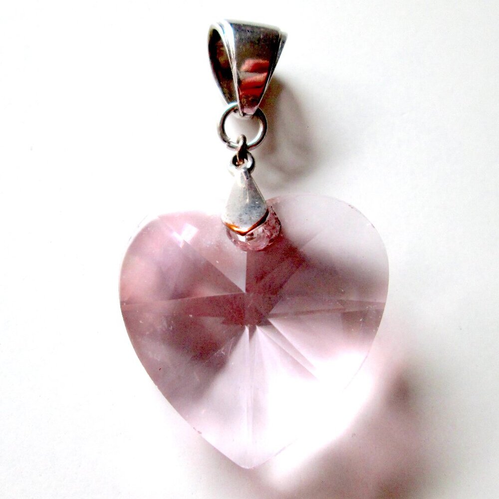 Caroline Neron Large Pink Crystal Heart Pendant Silver Tone